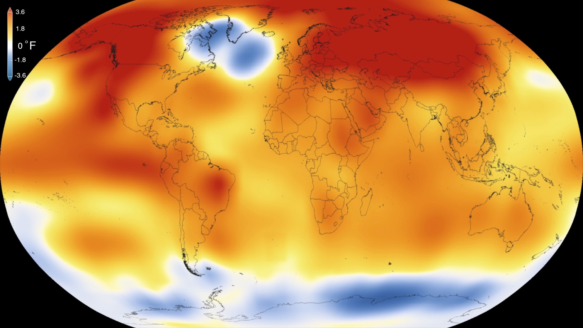 Robinson-projection world map of global temperature anomalies for 2015 compared to a 1951-1980 baseline. The entire globe is warmer than baseline (orange to deep red) with one striking exception: a deep-blue patch in the subpolar North Atlantic south of Greenland, known as the cold blob, and a smaller cool ring around Antarctica.